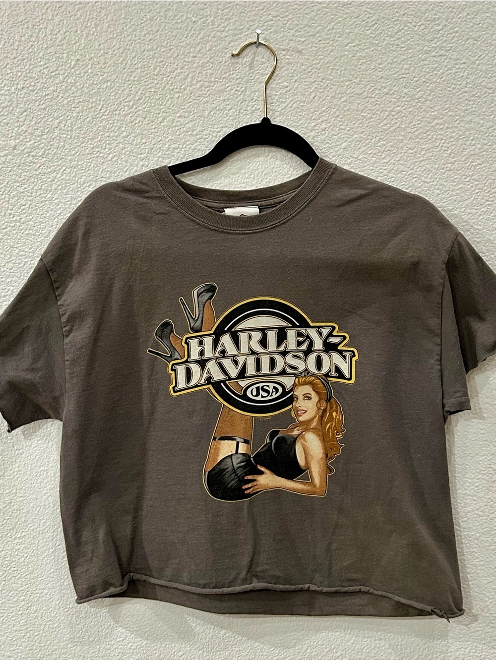 Harley-Davidson Graphic Crop Tee in Charcoal with Gold Accents